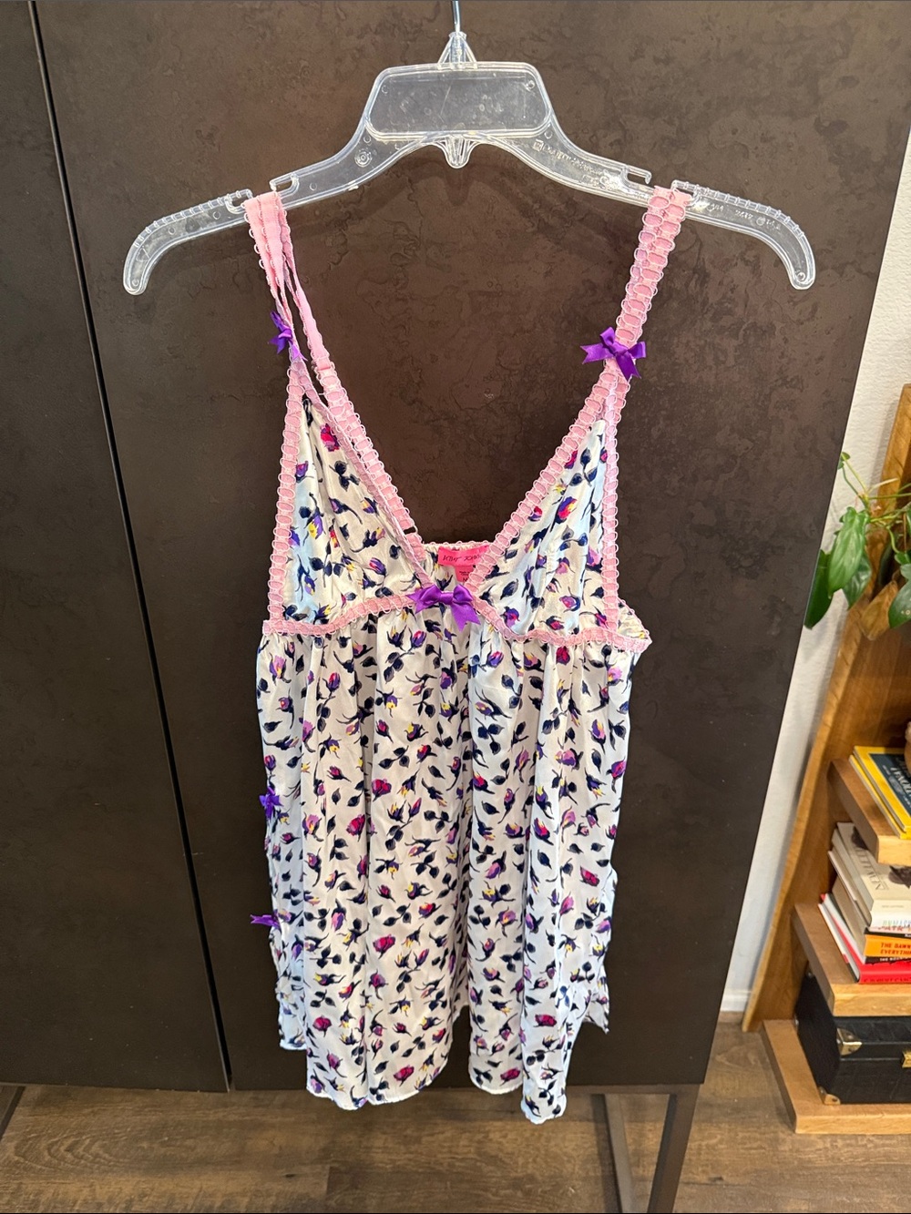 Betsey Johnson White Floral Chemise with Pink Trim & Purple Bows
